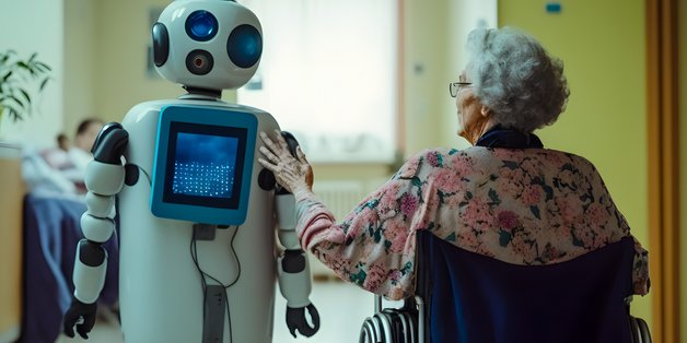 Auf einem Flur sieht man eine alte Frau von hinten, die in einem Rollstuhl sitzt. Ihr begegnet ein weißer Roboter.